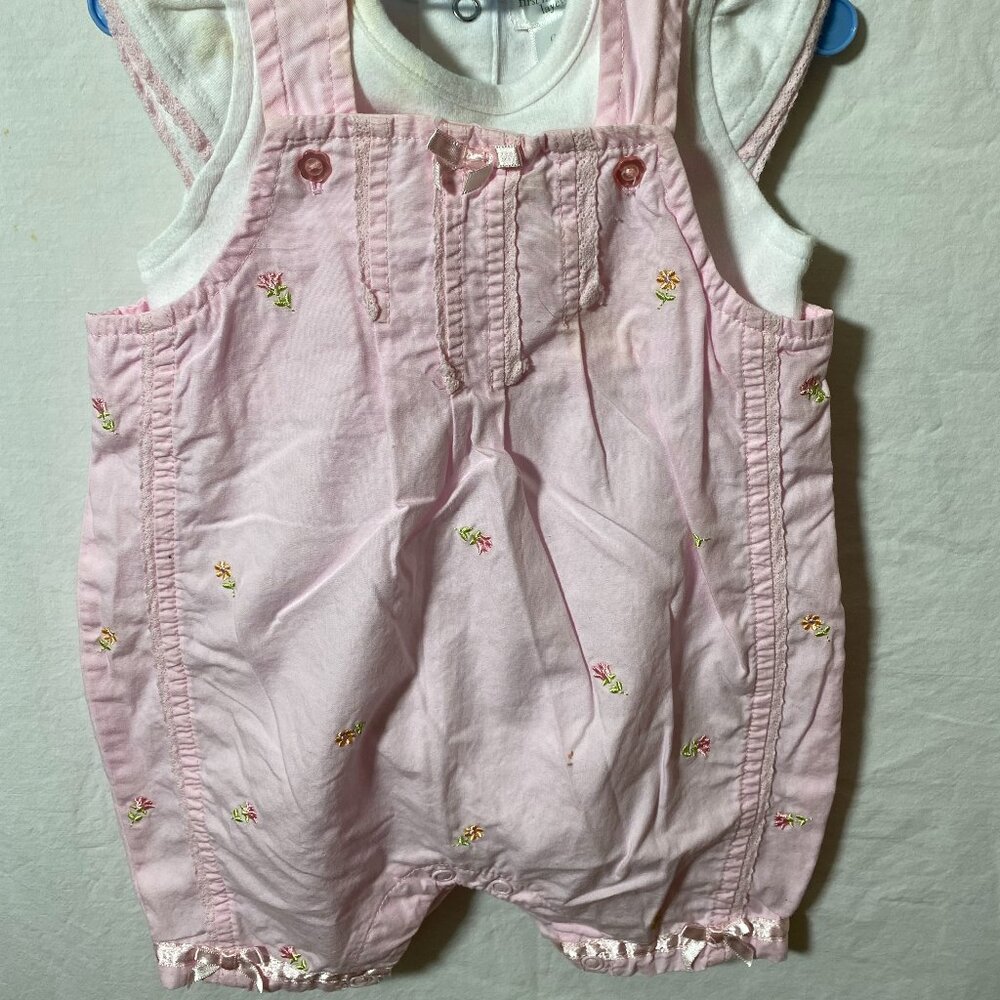First Moments Layette Girls 2 Piece Pink Flower Romper w/ White Cap Sleeve Onsie